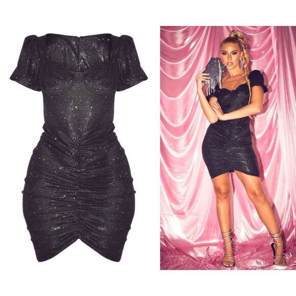 Prettylittlething Black NWT Glitter Ruched Puff Sleeve Cup Detail Bodycon Dress - Picture 2 of 13